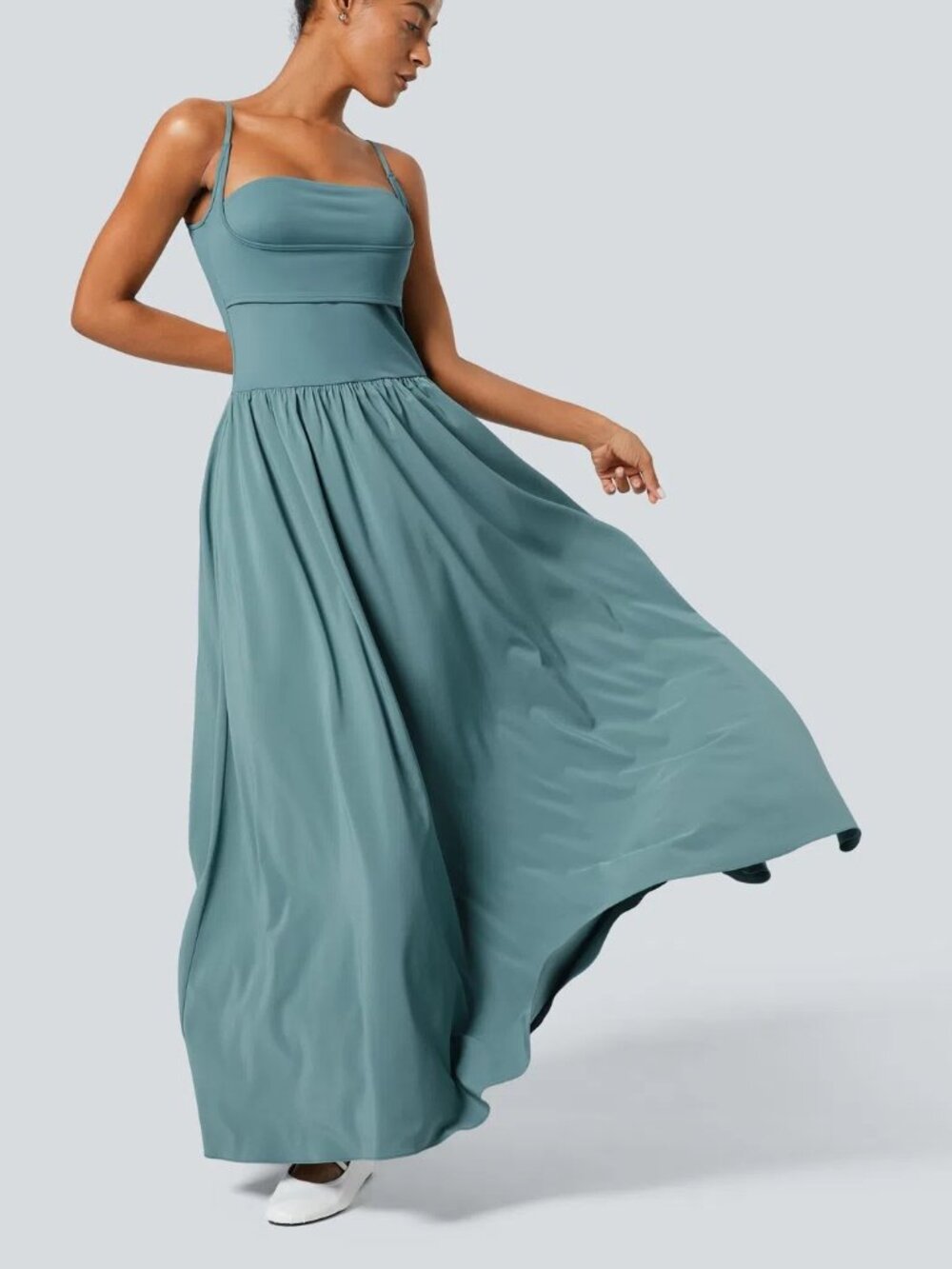Halara Breezeful Pocket Flowy Flare Maxi Quick Dry Casual Slip Dress Stone Blue